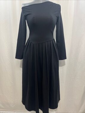 Elegant Black off one shoulder Long-Sleeve Pleated Midi Dress party casual